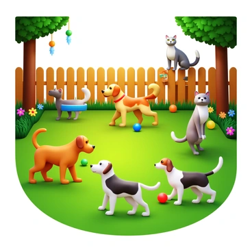 A sunny backyard filled with green grass and colorful flowers. Various dogs, including a golden retriever and a beagle, play with bright squeaky toys. Cats, such as a fluffy Persian and a sleek Siamese, are climbing on a small wooden fence and batting at dangling feather toys. Sunlight filters through the trees, casting playful shadows on the ground. The scene captures the joyful interaction between the pets as they explore and play together.