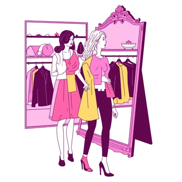 A fashionable individual with a sleek hairstyle is trying on a variety of outfits in front of a large ornate mirror. The boutique is filled with elegant clothing racks displaying vibrant garments in various styles. The person stands confidently, examining their reflection while holding up a colorful dress against their body. Soft lighting highlights the textures and patterns of the clothing. The mirror reflects not just the individual but also the beautifully arranged accessories displayed on a nearby shelf, enhancing the overall chic atmosphere of the boutique.