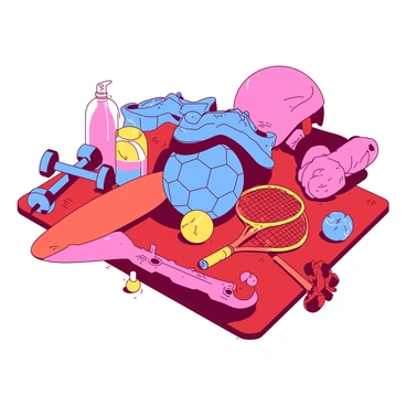 A red illustration board features a dynamic collage of various sports equipment and gear. In the center, there is a blue soccer ball resting on top of a pair of matching blue cleats. Surrounding the ball, a yellow tennis racket leans against a bright yellow tennis ball. A sleek orange skateboard is positioned at the bottom left corner, angled as if ready for action. In the top right, a set of blue dumbbells lays next to a shiny red whistle. Scattered throughout the board are colorful water bottles, a baseball glove, and a vibrant pink bicycle helmet, all contributing to the energetic arrangement.