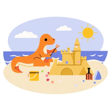 A relaxed "Charmander" with orange skin is sitting on a sandy beach. The "sun" is shining brightly in a clear blue sky. "Charmander" is focused on building a "sandcastle" with a small plastic shovel and a bucket. The sandcastle is intricately designed with towers and walls, decorated with shells and colorful stones. Nearby, a small "pail" with water is positioned, ready for use. In the background, gentle waves of the "ocean" can be seen lapping at the shore, and a few fluffy white clouds float in the sky.