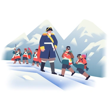A tall figure of Napoleon Bonaparte is leading a group of soldiers across a snowy landscape in the Alps. He is dressed in a dark blue military coat with gold epaulettes and a bicorne hat perched atop his head. Snow is softly falling around him, creating a thick white blanket over the rugged terrain. The soldiers, dressed in traditional 19th-century French military uniforms, are following closely behind, trudging through the deep snow with determination. Their breath visible in the cold air, they carry muskets and pack supplies on their backs. The backdrop features towering, snow-capped peaks with a pale gray sky above, creating an atmosphere of resilience and urgency.