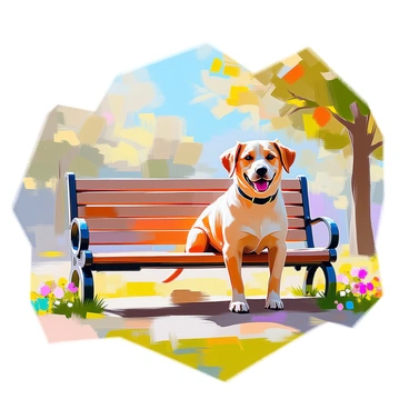 A simple illustration of a dog sitting beside a park bench