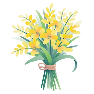 A bouquet of freshly picked goldenrod flowers is arranged in a natural, loose formation. The flowers have bright yellow blooms and slender green leaves, creating a vibrant display. The bouquet is tied together with a simple brown twine ribbon, which is wrapped around the stems in a neat bow. The background features soft, out-of-focus greenery that complements the golden yellow of the flowers. Sunlight gently illuminates the bouquet, enhancing the colors and textures of the petals and leaves.