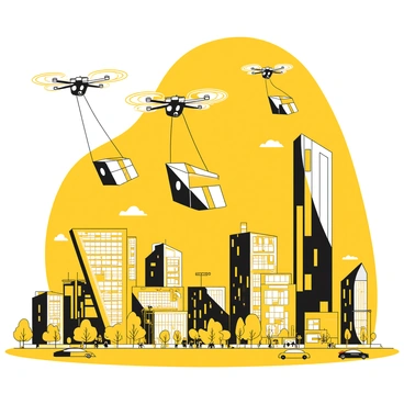A futuristic city skyline with towering buildings, featuring sleek, streamlined architecture. Various drones with sharp angles and propellers are hovering above, each carrying packages secured beneath them. The drones are in different positions, some ascending and others descending towards designated delivery points. The sky is clear, allowing a full view of the city below, which displays vibrant street activity with people walking and vehicles moving. The scene captures a dynamic moment of technology in action, with the drones seamlessly integrating into urban life.