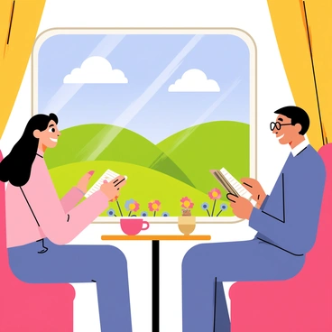 A train interior with several passengers seated by the windows. One passenger, a young woman with long brown hair, is smiling as she gazes at the picturesque countryside outside. Another passenger, an elderly man with glasses, is reading a book while sitting across from her. The windows are framed with curtains, and through the glass, rolling green hills, vibrant flowers, and a clear blue sky are visible. A few fluffy white clouds drift lazily above the landscape. A small table between the passengers holds a cup of coffee and a travel magazine.