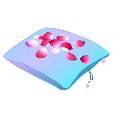 A plush pillow with a soft, velvety texture is centered in the image. A bed of vibrant rose petals in various shades of red, pink, and white is softly scattered across the pillow. The petals are delicately arranged, some overlapping and others gently falling off the sides of the pillow. There are droplets of water on the petals, giving them a fresh, dewy appearance. The background is slightly blurred to enhance the focus on the pillow and petals, creating a sense of intimacy and tranquility.