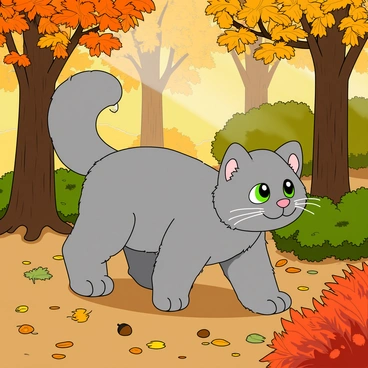 A fluffy gray cat with bright green eyes is walking through a vibrant autumn forest. The ground is covered with a mix of orange, yellow, and red leaves that crunch under its paws as it steps carefully. Sunlight filters through the branches of tall trees, casting dappled shadows on the cat. The cat's tail is held high, with a curious expression on its face as it explores the colorful foliage. In the background, various leaf-covered bushes and a few acorns can be seen scattered on the ground.