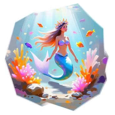 An underwater scene featuring a mermaid with long flowing hair, adorned with a crown made of intricate coral and sparkling pearls. The mermaid is gracefully swimming through vibrant coral reefs, surrounded by colorful fish and swaying seaweed. Sunlight filters down through the water, casting a shimmering glow across her iridescent tail. The ocean floor is dotted with small shells and rocks, enhancing the rich textures of the underwater world.