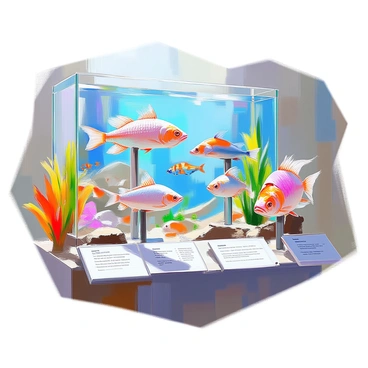 An aquarium exhibit featuring several realistic fishbone models that illustrate the anatomy of various fish species. The models are displayed on clear stands, allowing for a detailed view from all angles. Beneath each model, there are descriptive plaques providing information about the specific species represented. Surrounding the exhibit, there are vibrant aquatic plants and a clear glass tank in the background filled with colorful live fish swimming gracefully. The overall setting is well-lit, highlighting the intricate details of the fishbone structures.