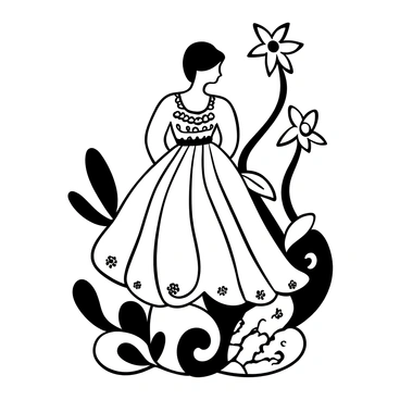 A woman in an elegant dress with intricate, flowing patterns, standing gracefully amidst stylized floral elements. The dress features delicate embellishments and drapes elegantly around her figure. Surrounding her are swirling vines and flowers that accentuate the organic shapes, creating a harmonious composition. There are elegant curves and decorative motifs that enhance the overall aesthetic of the scene.