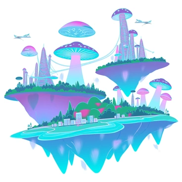 A surreal landscape showcasing multiple floating islands suspended in a vivid sky. Each island features unique and unusual architecture, such as spiraling towers with intricate designs, oversized mushrooms as buildings, and bridges made of light connecting the islands. Below the islands, a sea of swirling colors reflects the landscape above, with hints of fantastical creatures gliding through the air. Lush vegetation and exotic plants adorn the surfaces of the islands, adding a touch of vibrant greenery to the scene.