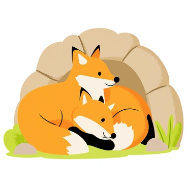 A family of cute foxes cuddling together in a cozy den. The den is surrounded by soft moss and small stones, with patches of green grass nearby. The foxes have fluffy orange fur with white bellies and tips of their tails. One fox is curled up with its head resting on another's back, while a third fox is playfully nuzzling against the first. The atmosphere is warm, with sunlight filtering through the entrance of the den, casting gentle shadows on the foxes.