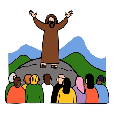 A man with light skin and long, flowing hair stands on a rocky hillside, energetically preaching. He is wearing a simple brown robe and sandals. His arms are raised, making expressive gestures as he speaks passionately. The background features a clear blue sky and distant hills, creating a sense of openness. A crowd of diverse people, sitting on the ground, attentively listens to him, captivated by his message.