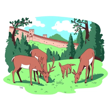 A group of four deer, two males and two females, are grazing peacefully on lush green grass in a forested area. The males have impressive antlers, while the females are slender and elegant. In the background, there is a section of the Great Wall, partially covered in vines and surrounded by tall trees. Sunlight filters through the leaves, casting dappled shadows on the ground. The deer are scattered, some nibbling at the grass, while one stands alert, ears pricked up, watching the surroundings.