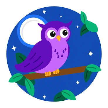 A wise-looking purple owl with large, expressive eyes is perched on a sturdy branch of a tree. The owl's feathers are a vibrant shade of purple, with intricate patterns that highlight its features. The background is illuminated by a full moon, casting a soft glow on the owl and the surrounding leaves. The night sky is dotted with twinkling stars, enhancing the serene atmosphere of the scene.
