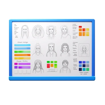 A designer's board displaying various character sketches. Each sketch features a unique character with distinct attributes such as clothing, hairstyles, and facial expressions. The board includes color palettes next to each sketch, showcasing the primary colors used for each character's design. Handwritten notes accompany some sketches, detailing traits, backstory, or personality hints. The overall layout is organized and visually appealing, with a mix of pencil drawings and watercolor accents.