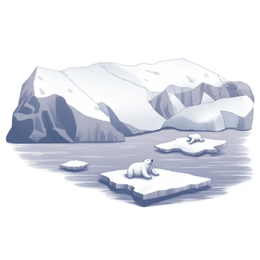 A large glacier extends from a rocky mountain range down towards a sea. The glacier exhibits cracks and crevices, indicating its melting state. Small chunks of ice break off and float in the water. In the foreground, there is a small ice floe, where two polar bears are resting. One bear, larger in size, is lying down, while the smaller bear is sitting upright, looking out towards the water. The sea has gentle waves lapping against the edges of the ice, creating a sense of movement in the scene.