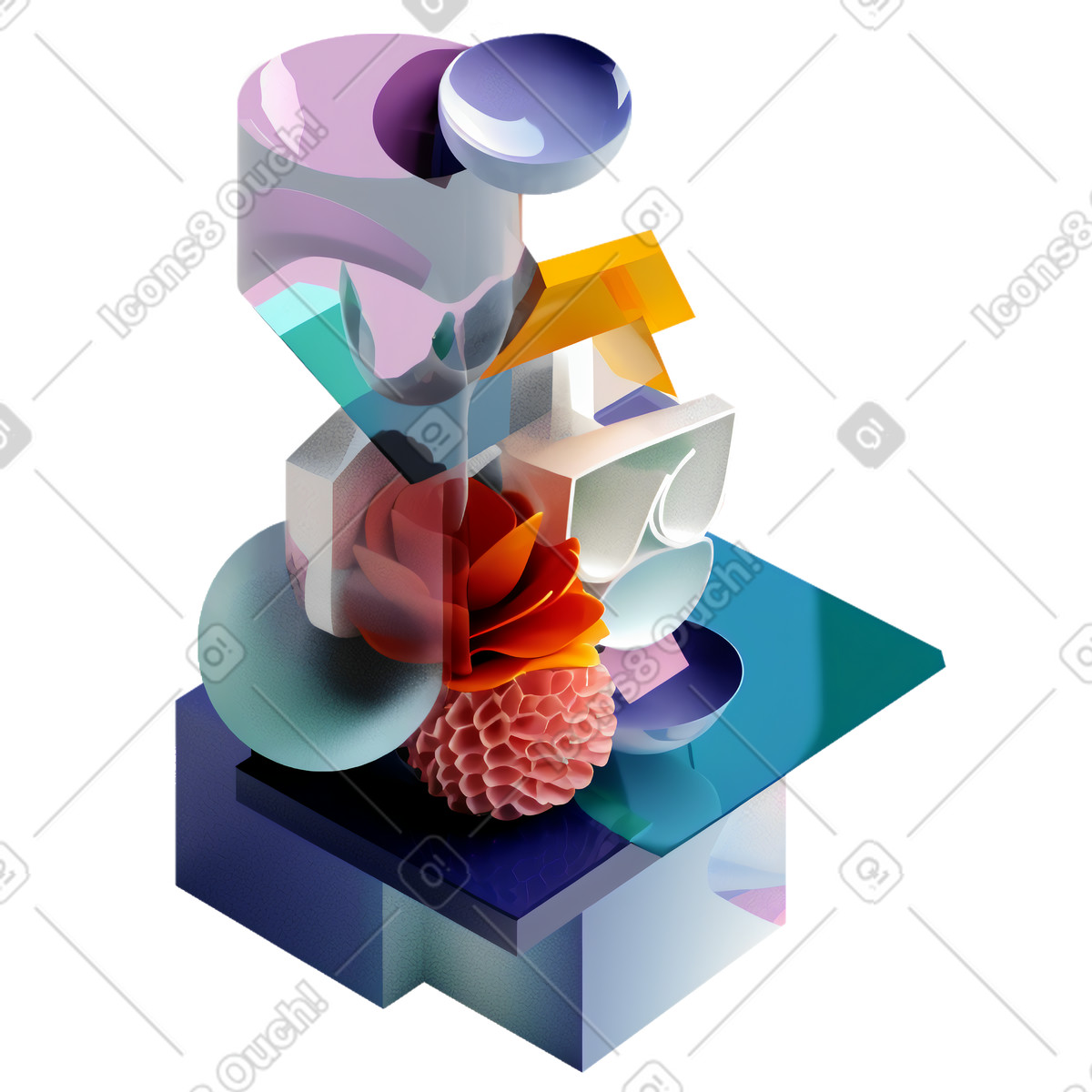 Abstract composition with glass shapes and flower illustration in 3D Construction style download in PNG, SVG