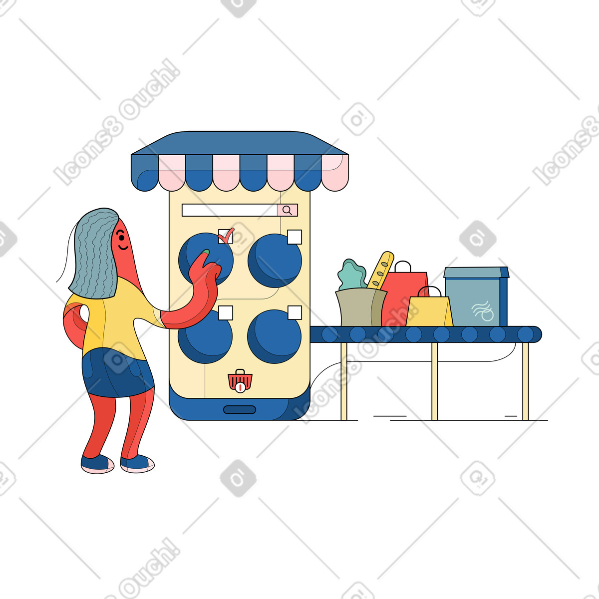 User selecting items on grocery app, Online shopping for food essentials illustrazione in stile Surr scarica in PNG, SVG
