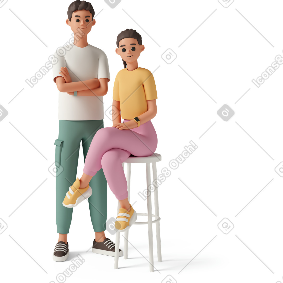 3D Casual life 스타일의 Young woman sitting on bar stool near man standing with arms crossed 일러스트레이션 PNG, SVG 다운로드