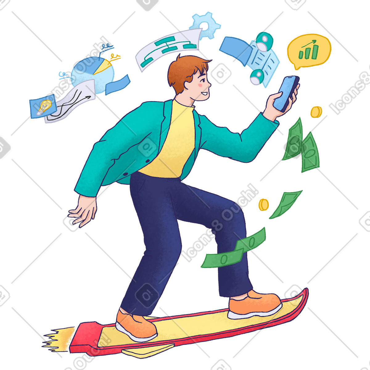 Uomo d'affari che gestisce una startup sul suo telefono illustrazione in stile Hue scarica in PNG, SVG