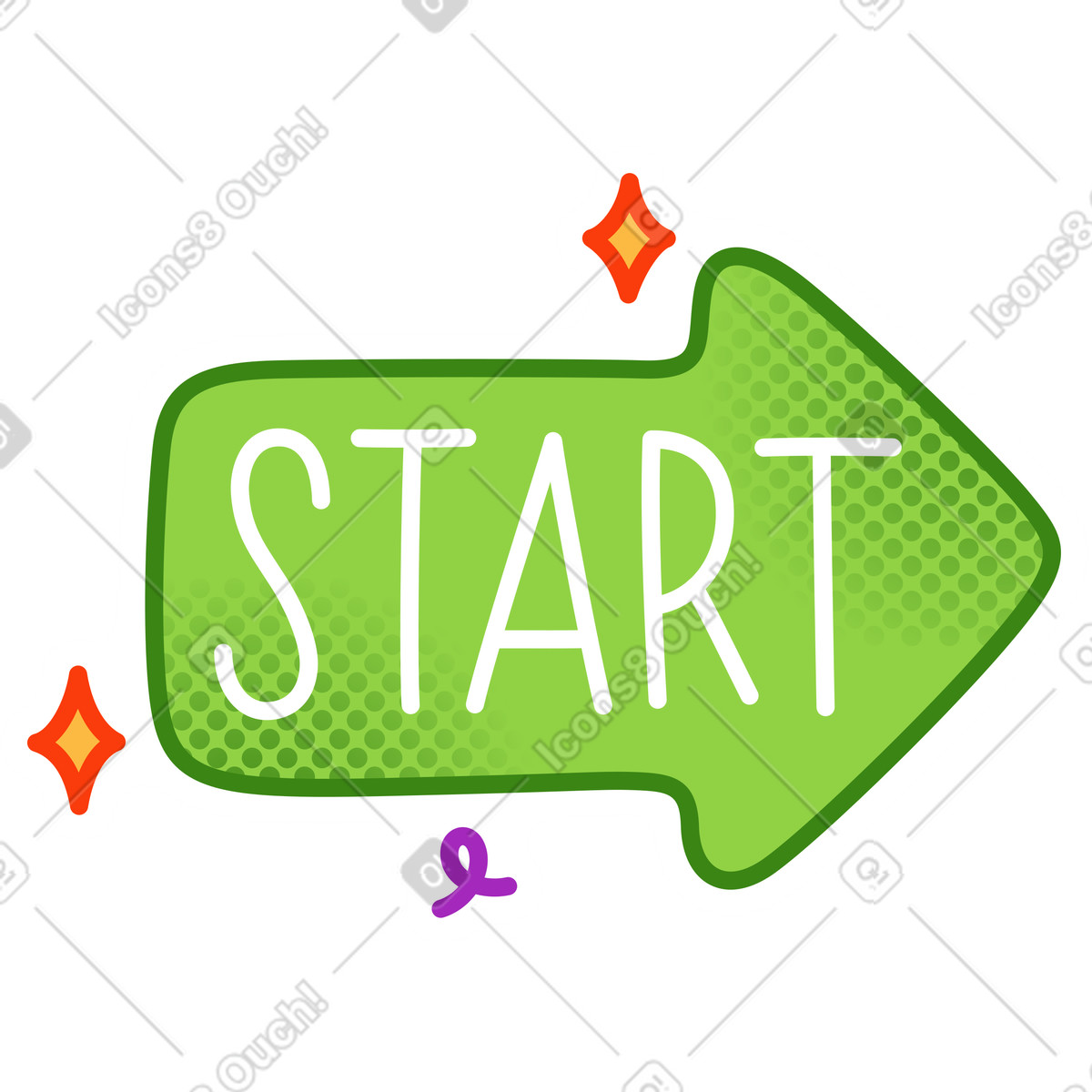 Sticker start text inside green arrow illustration in Purrfect style download in PNG, SVG