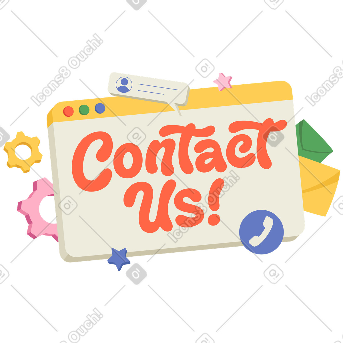 Lettering Contact Us! in browser with gears and envelopes text animated illustration Social style download GIF, Lottie (JSON), AE