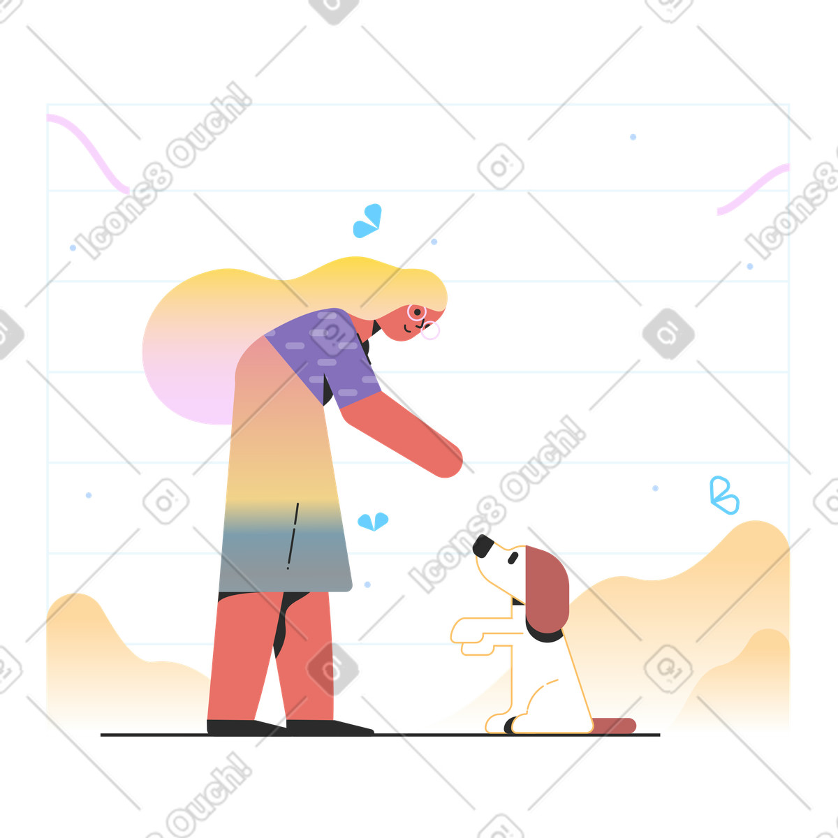 Young woman reaching hand to the dog illustration in Marginalia style download in PNG, SVG