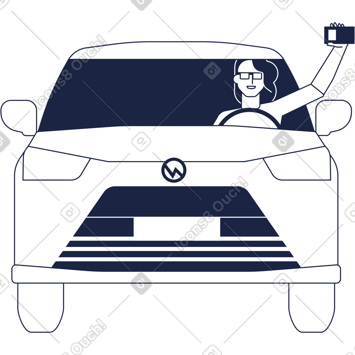 Smiling woman driving car holds her license in one hand illustration Urban Line style download PNG, SVG