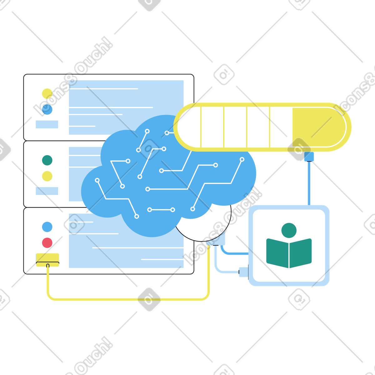Brain-shaped circuit with dashboards, Data analysis and AI automation illustrazione in stile Boba scarica in PNG, SVG