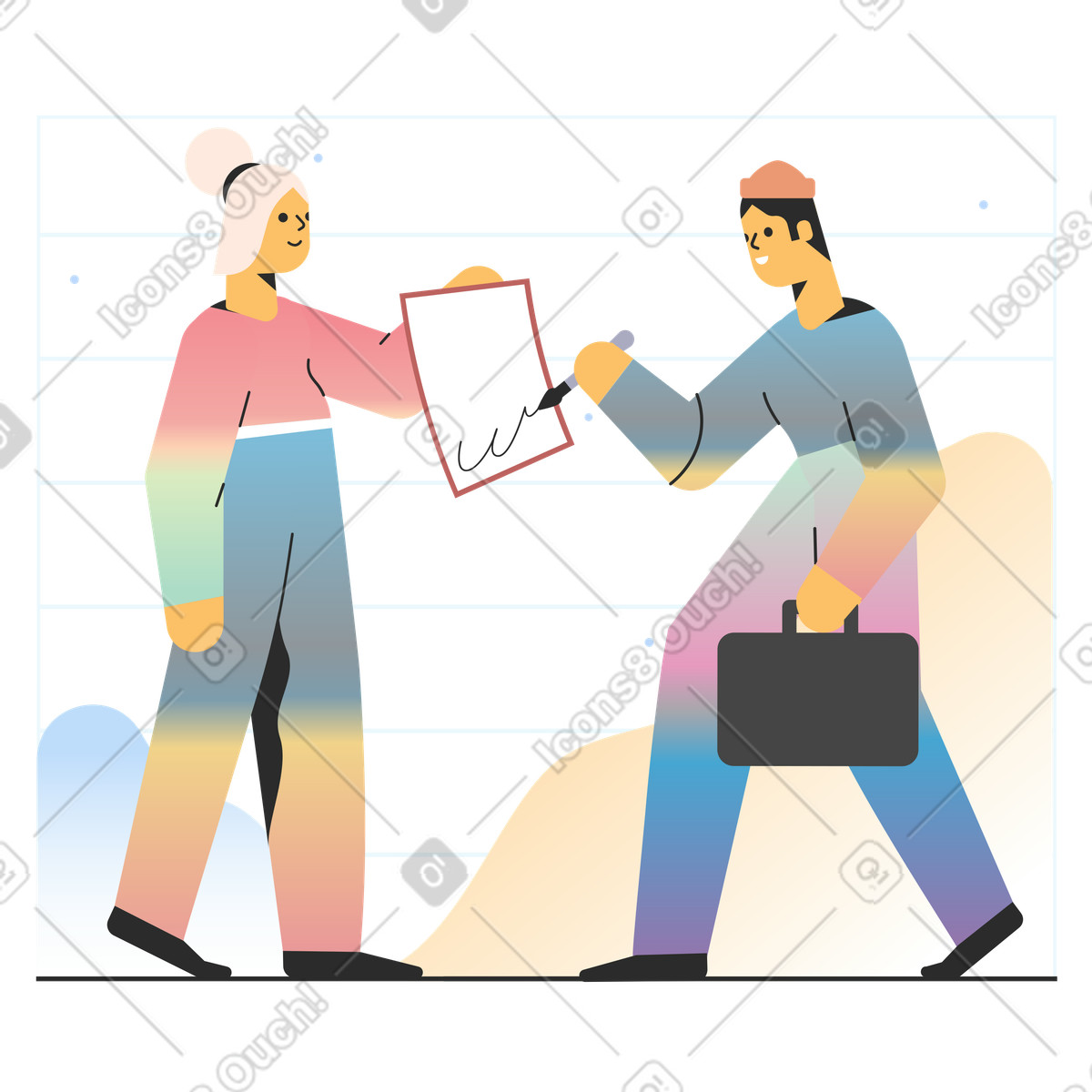 Frau bittet einen mann, ein dokument zu unterschreiben-Illustration im Marginalia-Stil als Download in PNG, SVG