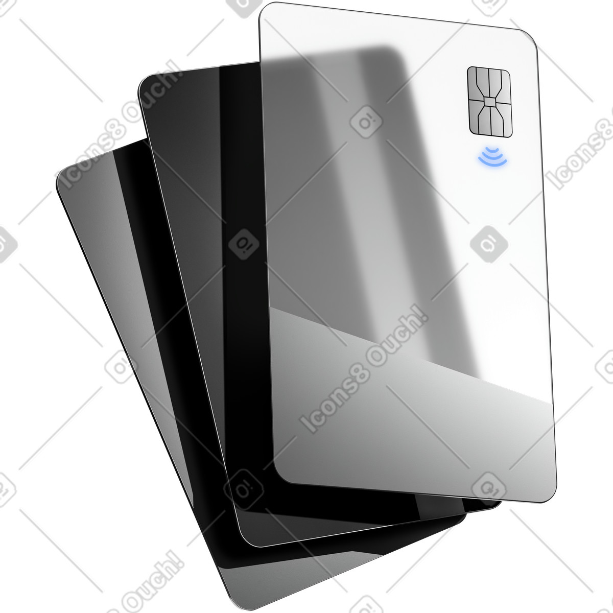 3D Metallic 스타일의 Credit card stack with contactless payment symbol and emv chip 일러스트레이션 PNG, SVG 다운로드