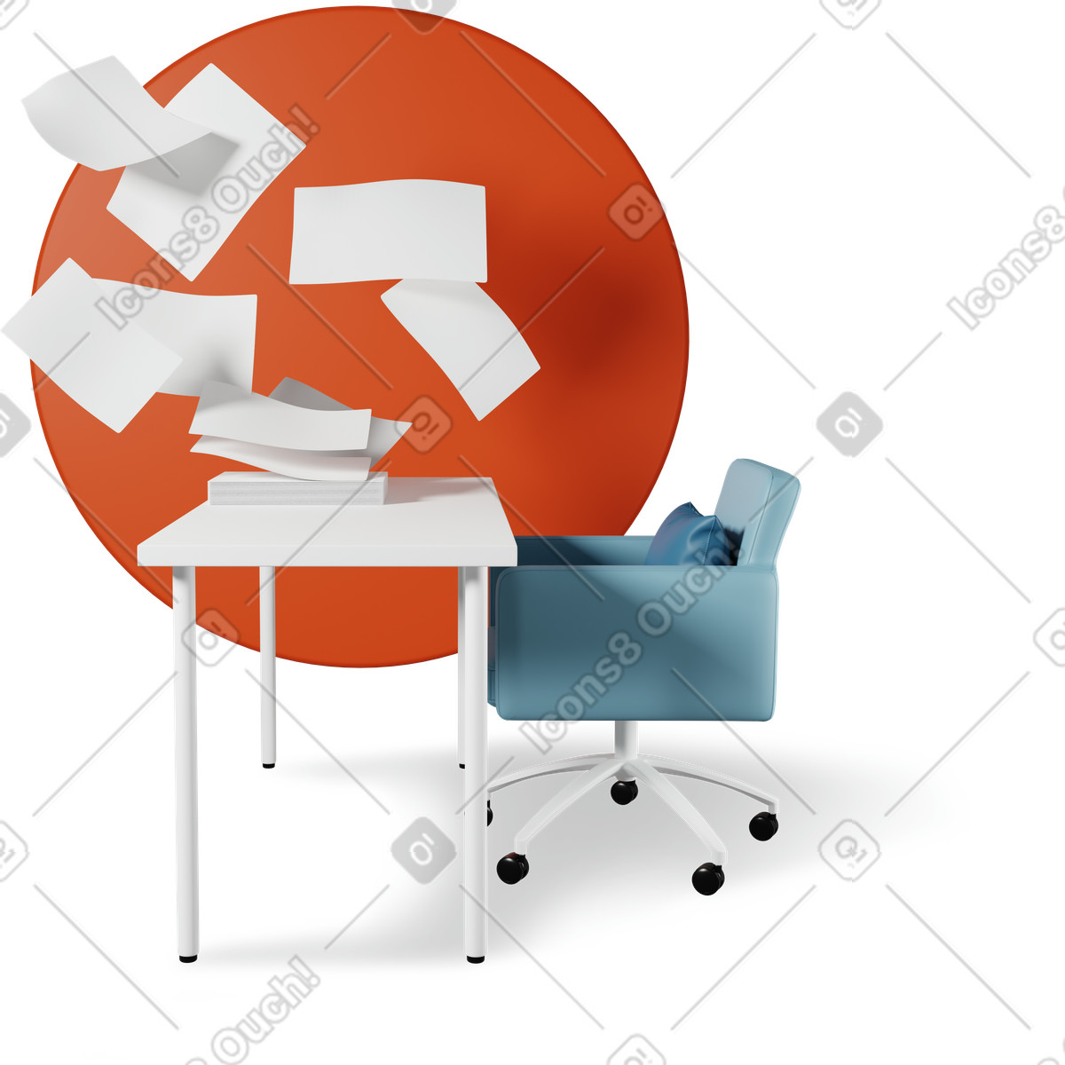 Carta volante, scrivania e sedia illustrazione in stile 3D Plastic people scarica in PNG, SVG