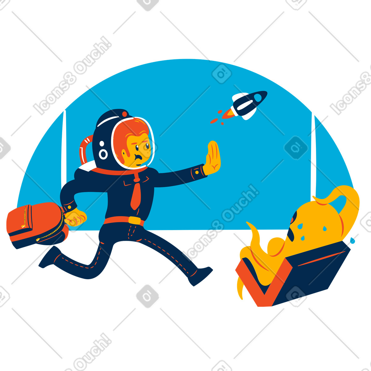 Ilustración Space traveler rushing for departing rocket, Last minute boarding en estilo Flame a descargar en PNG y SVG