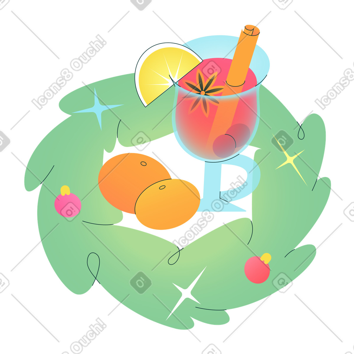 Christmas wreath with mulled wine and oranges, Holiday food decor-Illustration im Florid-Stil als Download in PNG, SVG