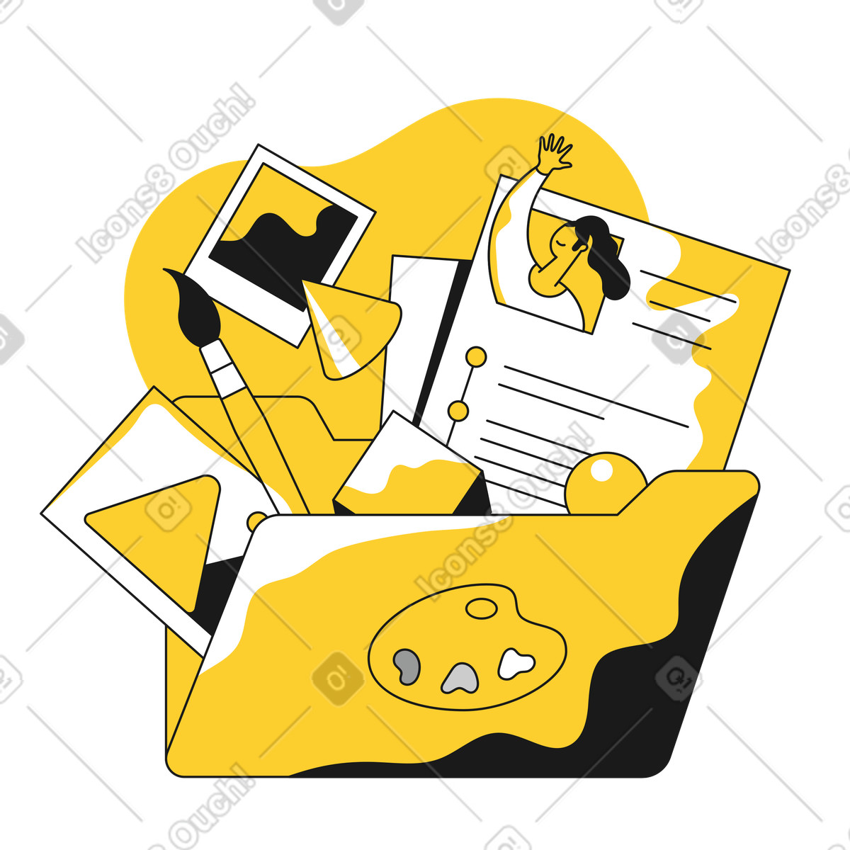 Illustration Portfolio de designer dans un dossier avec palette d'art le style Taxi à télécharger aux formats PNG, SVG