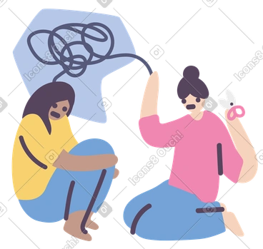 Sad woman with a tangle of confused thoughts over her head sits in front of a woman with scissors ready to help PNG, SVG