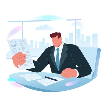 A businessman wearing a tailored suit is sitting at a sleek desk, leaning forward with a concerned expression. He is holding a credit score report in one hand, with the paper clearly displaying numbers and graphs. On the desk, there are a few more documents scattered around, along with a pen. The background features a large window showing a city skyline. A soft light filters through the window, illuminating the scene in gradient pastel colors.