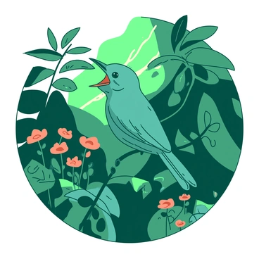 A teal nightingale is perched on a slender branch, its beak open as it sings melodiously. Surrounding the bird is a rich tapestry of green and dark green foliage, with various leaves overlapping and creating a dense backdrop. Vibrant flowers in hues of orange can be seen peeking through the leaves, adding splashes of color to the scene. Dappled light filters through the canopy, casting soft shadows on the undergrowth below. The atmosphere is lively, filled with the sounds and sights of the flourishing rainforest habitat.