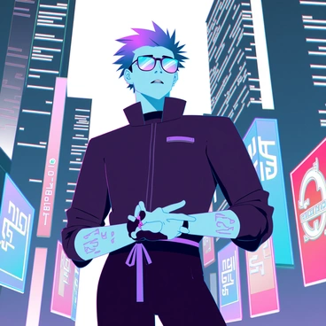 A young male wearing futuristic clothing with bold geometric patterns and sleek materials. His hair is dyed in vibrant shades, styled in a messy, edgy manner. He stands confidently in a bustling cyberpunk street filled with glowing neon lights in various colors. In the background, tall skyscrapers adorned with holographic advertisements create a dazzling urban landscape. His accessories include cybernetic enhancements on his arms and a pair of high-tech glasses reflecting the neon glow around him. The atmosphere is charged with energy, highlighting the futuristic city vibe.