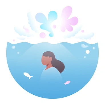A person is submerged in deep blue ocean water, with colorful thought bubbles rising towards the surface. The water around the person is filled with soft, gradient pastel colors blending together. The thought bubbles are varying sizes and contain abstract symbols and shapes, representing different thoughts. Sunlight filters down from above, creating patterns on the ocean floor. Small fish swim near the person, adding life to the underwater scene.