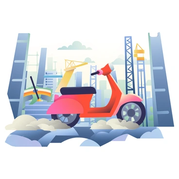 A moped zooming through an industrial area with towering structures and machinery