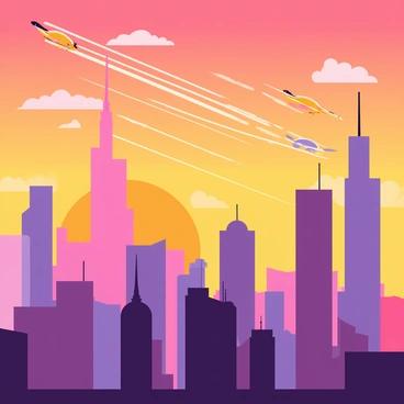 A vibrant city skyline featuring a variety of imaginative buildings with unique shapes and colors. The buildings are silhouetted against a sunset sky filled with shades of orange, pink, and purple. Several flying cars with sleek designs are zipping through the sky, leaving trails of light behind them. The scene conveys a sense of energy and innovation in the urban landscape.