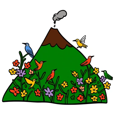 A vibrant landscape depicting a volcano with lush green slopes. The volcano has a few small wisps of smoke rising from its peak. Numerous colorful flowers bloom on the slopes, showcasing various shades of red, yellow, and purple. Brightly colored birds, such as parrots and hummingbirds, are flying among the flowers. They are perched on branches and flitting between the blossoms, adding a lively touch to the scene. The sunlight casts warm tones on the flowers and the birds, enhancing the vivid colors of this thriving ecosystem.