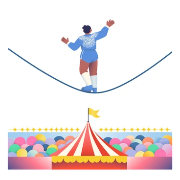 An acrobat with medium skin and short black hair is balancing carefully on a taut tightrope. The tightrope is stretched high above a circus ring filled with colorful seats. Below, a vibrant red and yellow circus tent is visible, with golden lights lining the edges. The acrobat is wearing a bright blue and silver costume that sparkles under the lights. Focused and poised, they are reaching out their arms for balance, while a crowd of spectators can be seen gazing up in awe from the seats below.