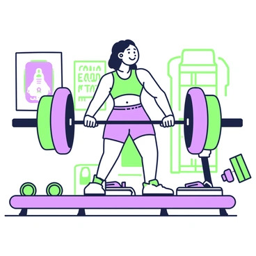 A cartoon character is energetically performing a hip thrust in a gym setting. The character has a large, exaggerated smile and wears a colorful tank top and shorts. They are positioned on a bench, with their back resting against a padded surface. An oversized barbell rests across their hips, with large weights on each side. The character's arms are gripping the barbell firmly, showcasing their determination. In the background, there are fitness posters on the walls, and a few other gym equipment pieces, such as dumbbells and a treadmill, scattered around the space.
