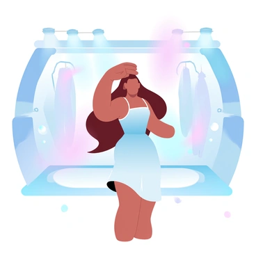 A dancer is gracefully brushing her long hair while standing backstage. She is wearing a flowing costume that reflects the vibrant colors of the stage lights behind her. The bright stage lights are illuminating her surroundings, creating soft shadows and highlights. The backdrop displays various backstage elements, such as hanging costumes and scattered props. A sense of anticipation is created by the atmosphere filled with bright colors and the energy of an upcoming performance.