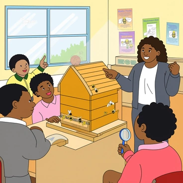 A bright classroom filled with colorful decorations and educational posters on the walls. Several young children with diverse skin tones and hairstyles are seated at their desks, eagerly listening. In the center, a large wooden model of a beehive is displayed on a table, showcasing bees in various positions. One child is pointing excitedly at the hive while another is holding up a magnifying glass, examining a toy bee. The teacher, a middle-aged woman with curly hair, is guiding the lesson, standing beside the hive model with a smile. Sunlight streams in through the windows, illuminating the scene and creating a lively atmosphere.