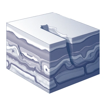 A cross-section of layers of sedimentary rocks is displayed, showcasing various formations. Each layer is distinct, showing different textures and patterns that characterize sedimentary deposits. Fossils and organic material are embedded within the rocks, visibly illustrating carbon locking within the geological structures. The layers are arranged in a horizontal manner, with some sections exhibiting slight tilting, indicating geological processes over time. The overall composition emphasizes the rich history of carbon sequestration in the Earth's crust.