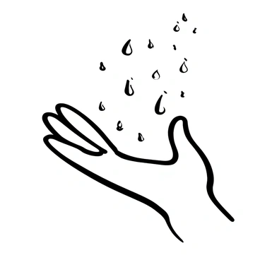 A hand extended slightly upward, with droplets of rain falling onto the palm. The droplets are depicted as varying sizes, some larger and others smaller, creating a sense of movement as they touch the skin. The hand is shown with detailed lines and textures, highlighting the contours and ridges. A few droplets are captured mid-fall, creating an impression of a rain shower. The background is left blank to emphasize the hand and the droplets of rain.